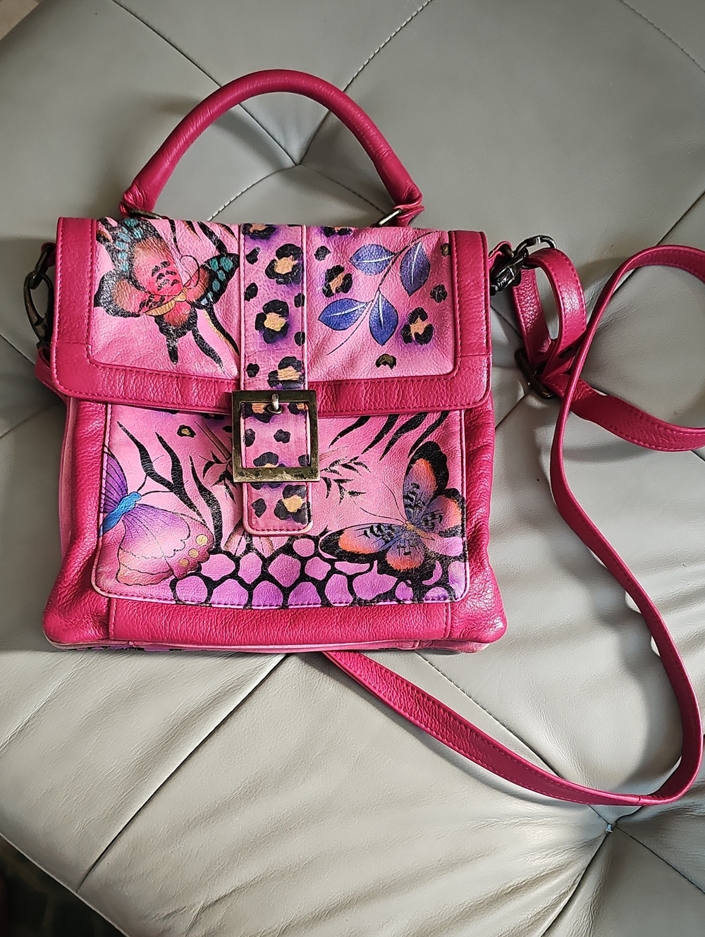 Anna By Anuschka Pink Floral & Butterfly Leather Crossbody Satchel